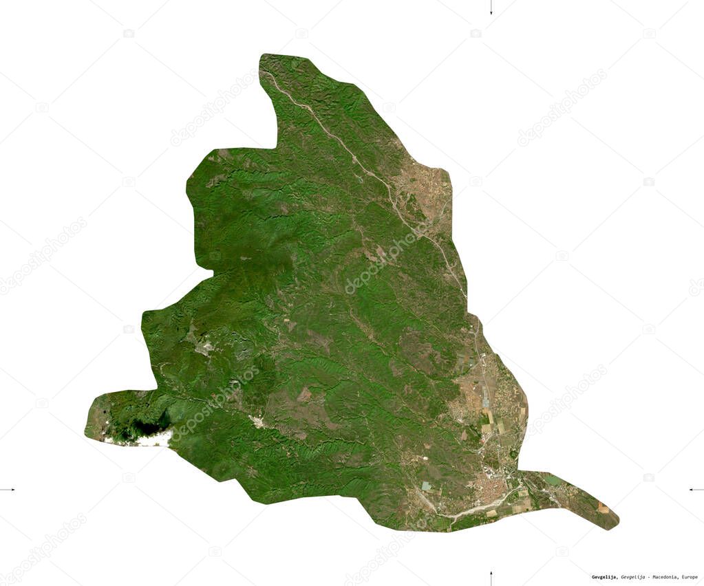 Gevgelija, municipality of Macedonia. Sentinel-2 satellite imagery. Shape isolated on white. Description, location of the capital. Contains modified Copernicus Sentinel data