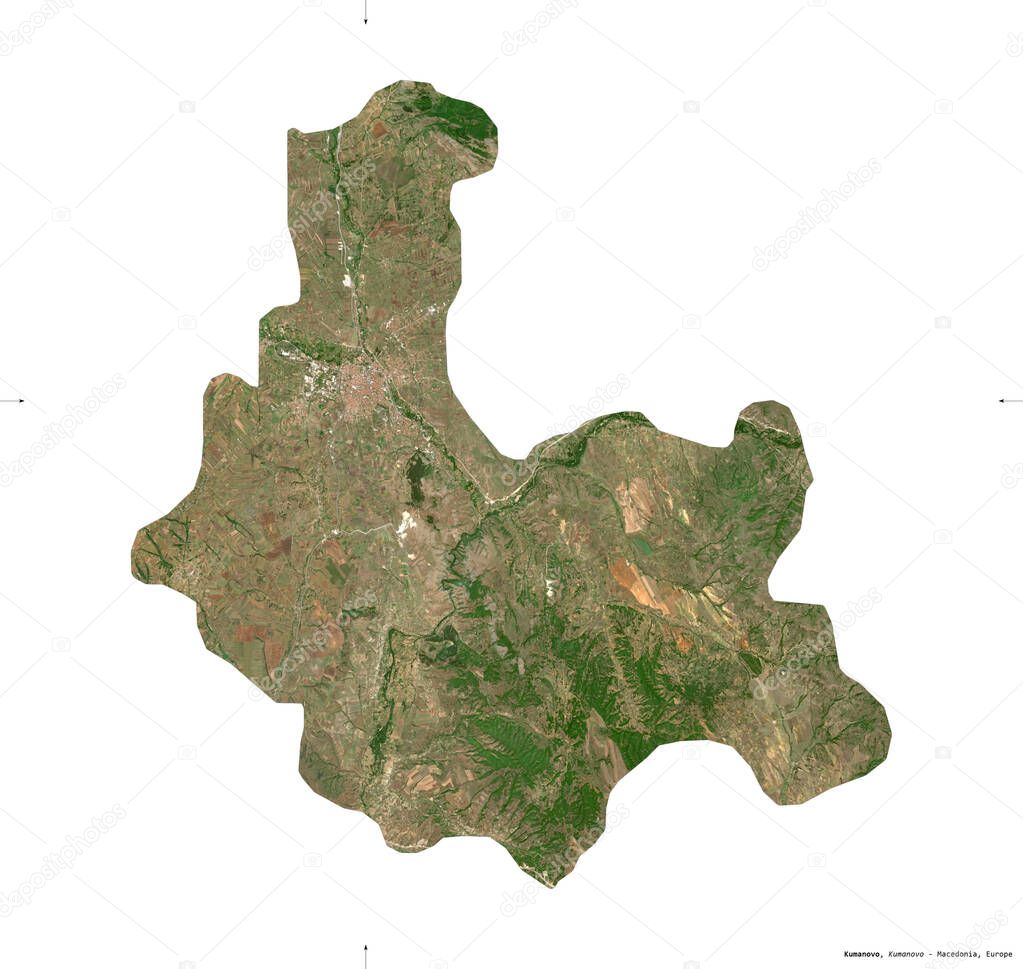 Kumanovo, municipality of Macedonia. Sentinel-2 satellite imagery. Shape isolated on white. Description, location of the capital. Contains modified Copernicus Sentinel data