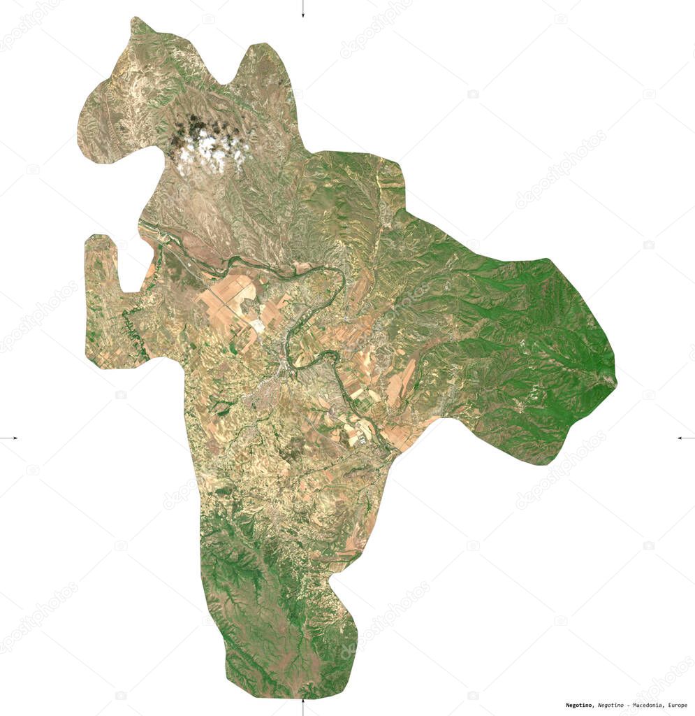 Negotino, municipality of Macedonia. Sentinel-2 satellite imagery. Shape isolated on white. Description, location of the capital. Contains modified Copernicus Sentinel data