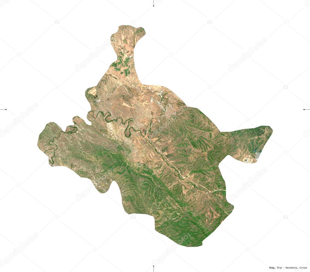 Stip, municipality of Macedonia. Sentinel-2 satellite imagery. Shape isolated on white. Description, location of the capital. Contains modified Copernicus Sentinel data