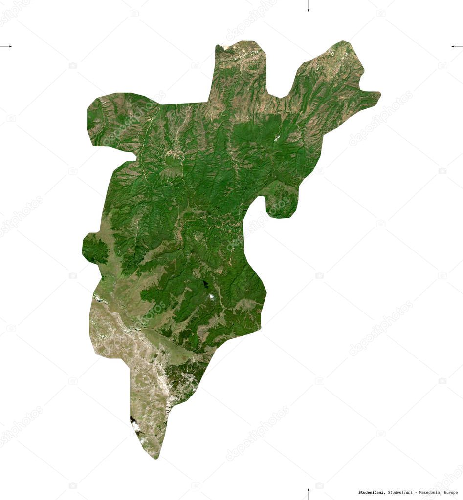 Studenicani, municipality of Macedonia. Sentinel-2 satellite imagery. Shape isolated on white. Description, location of the capital. Contains modified Copernicus Sentinel data