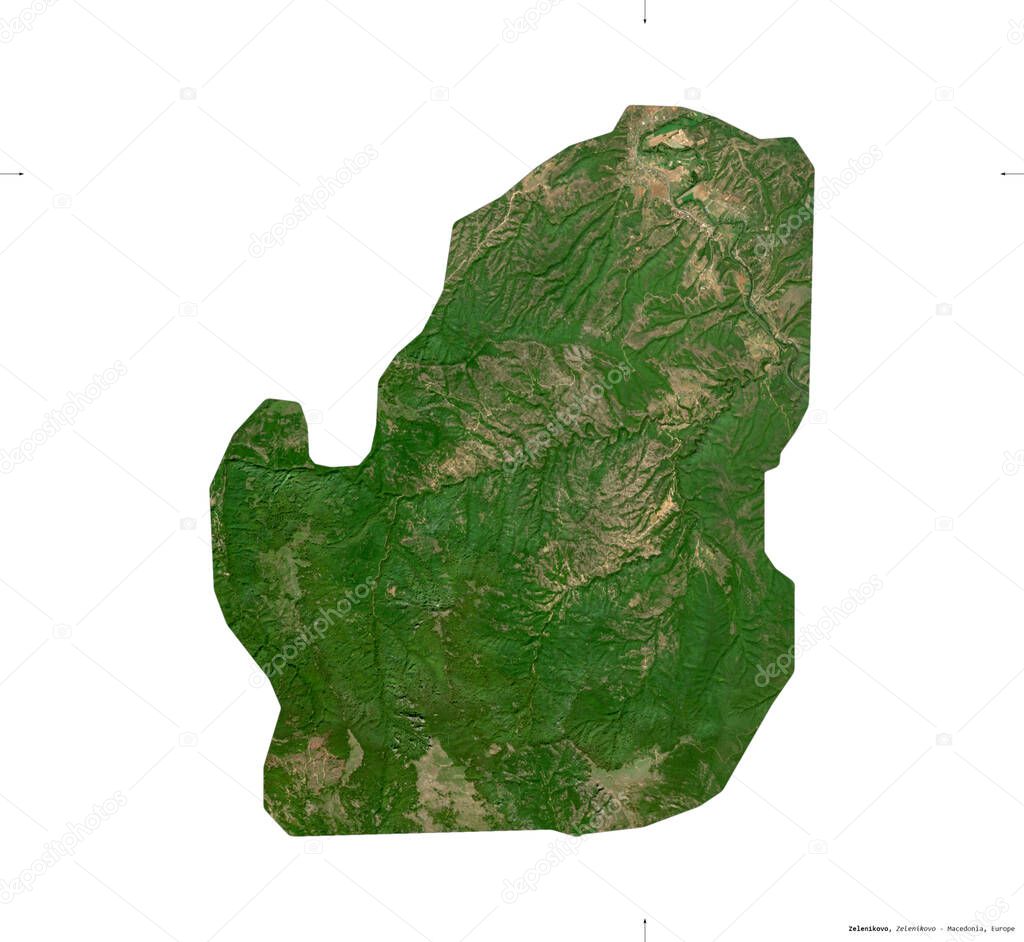 Zelenikovo, municipality of Macedonia. Sentinel-2 satellite imagery. Shape isolated on white. Description, location of the capital. Contains modified Copernicus Sentinel data