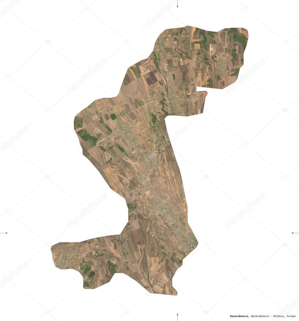 Basarabeasca, district of Moldova. Sentinel-2 satellite imagery. Shape isolated on white. Description, location of the capital. Contains modified Copernicus Sentinel data