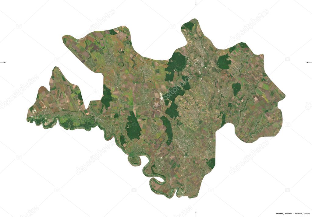 Briceni, district of Moldova. Sentinel-2 satellite imagery. Shape isolated on white. Description, location of the capital. Contains modified Copernicus Sentinel data
