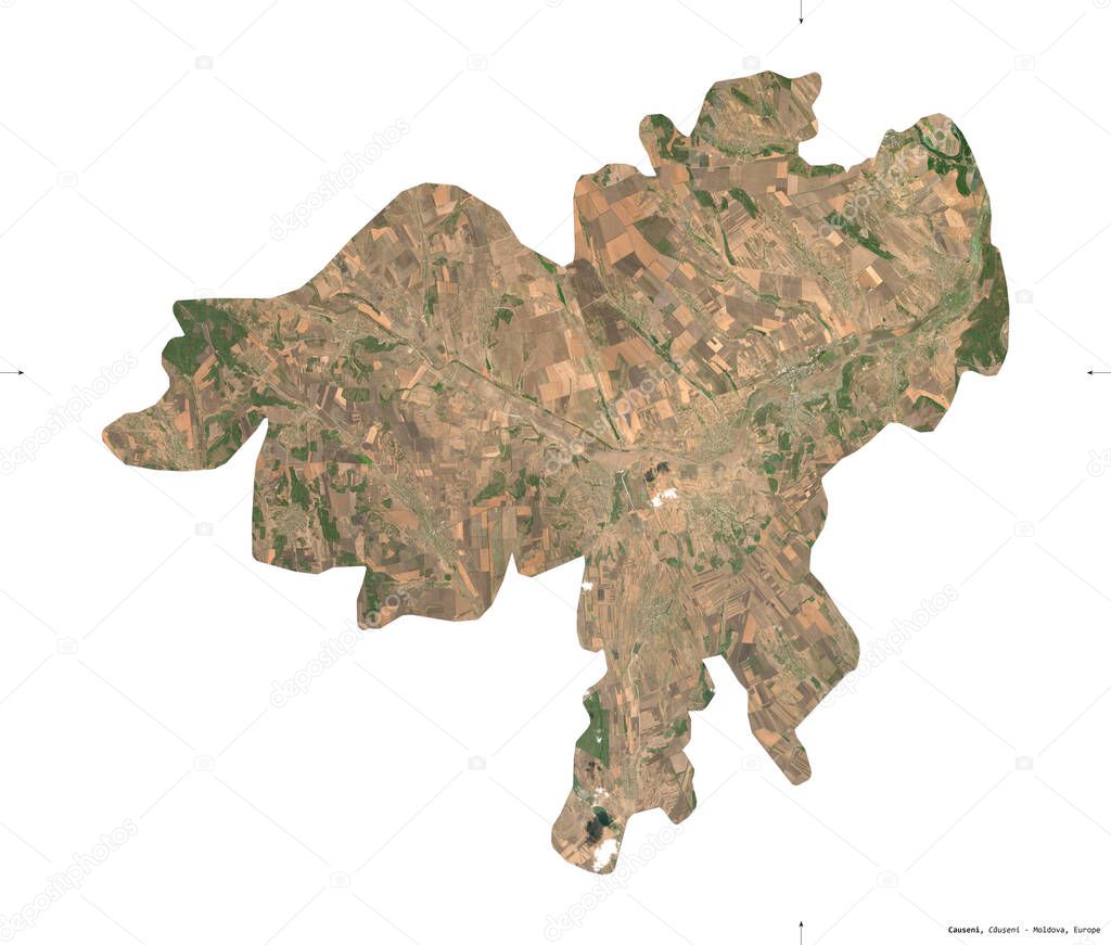 Causeni, district of Moldova. Sentinel-2 satellite imagery. Shape isolated on white. Description, location of the capital. Contains modified Copernicus Sentinel data
