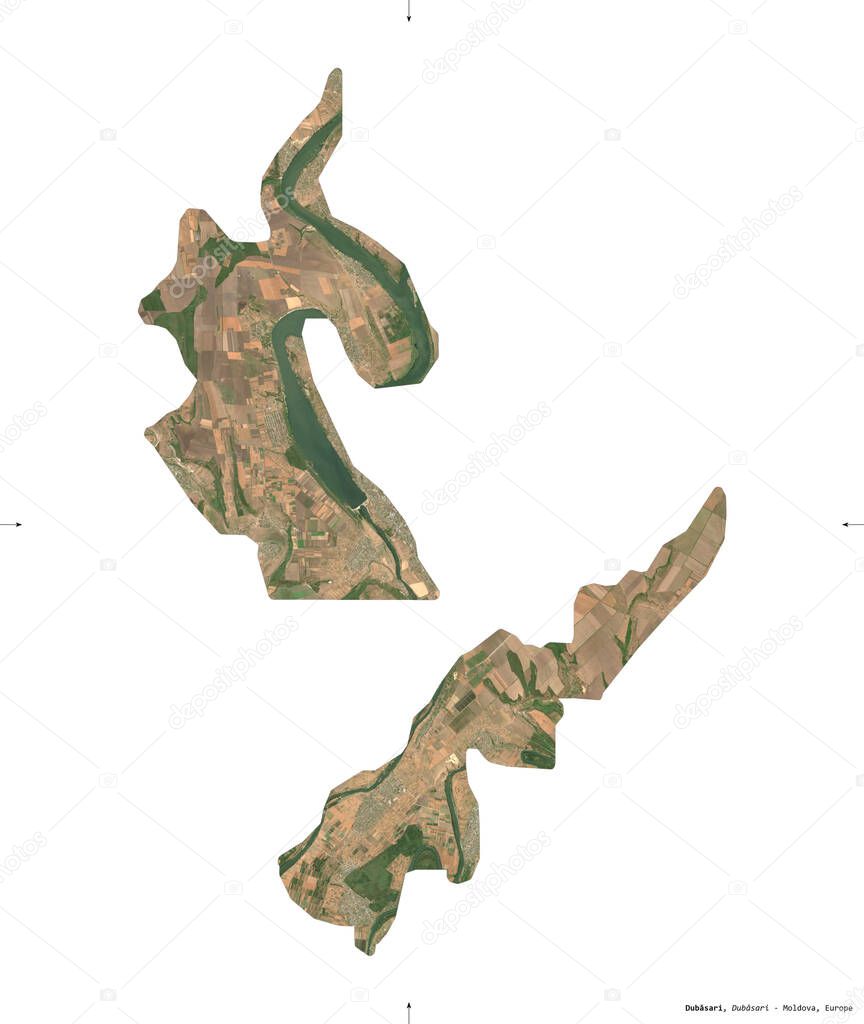 Dubasari, district of Moldova. Sentinel-2 satellite imagery. Shape isolated on white. Description, location of the capital. Contains modified Copernicus Sentinel data