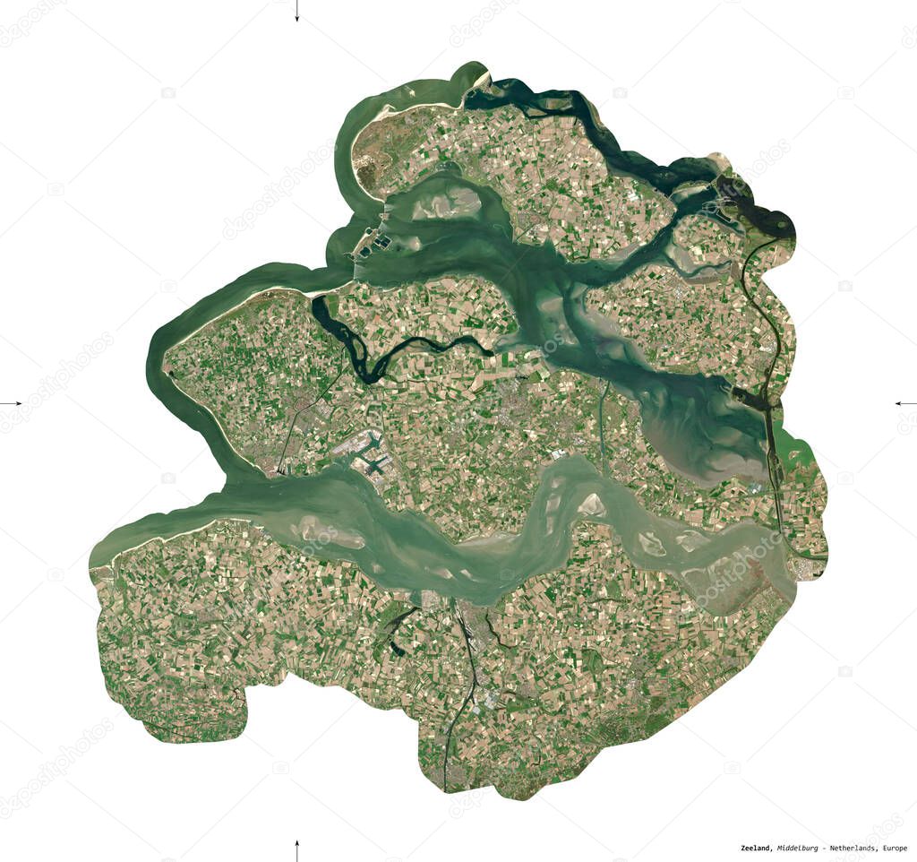Zeeland, province of Netherlands. Sentinel-2 satellite imagery. Shape isolated on white. Description, location of the capital. Contains modified Copernicus Sentinel data