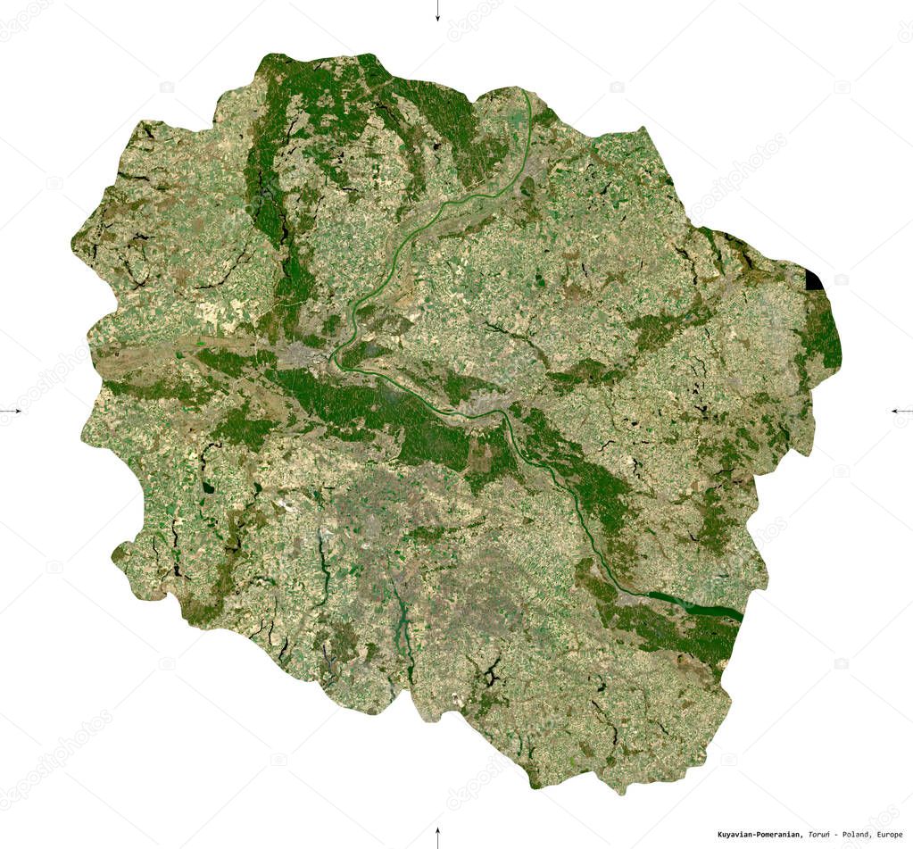Kuyavian-Pomeranian, voivodeship|province of Poland. Sentinel-2 satellite imagery. Shape isolated on white. Description, location of the capital. Contains modified Copernicus Sentinel data