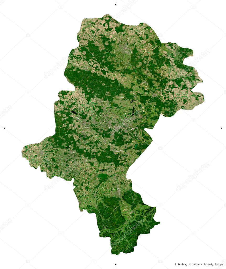 Silesian, voivodeship|province of Poland. Sentinel-2 satellite imagery. Shape isolated on white. Description, location of the capital. Contains modified Copernicus Sentinel data