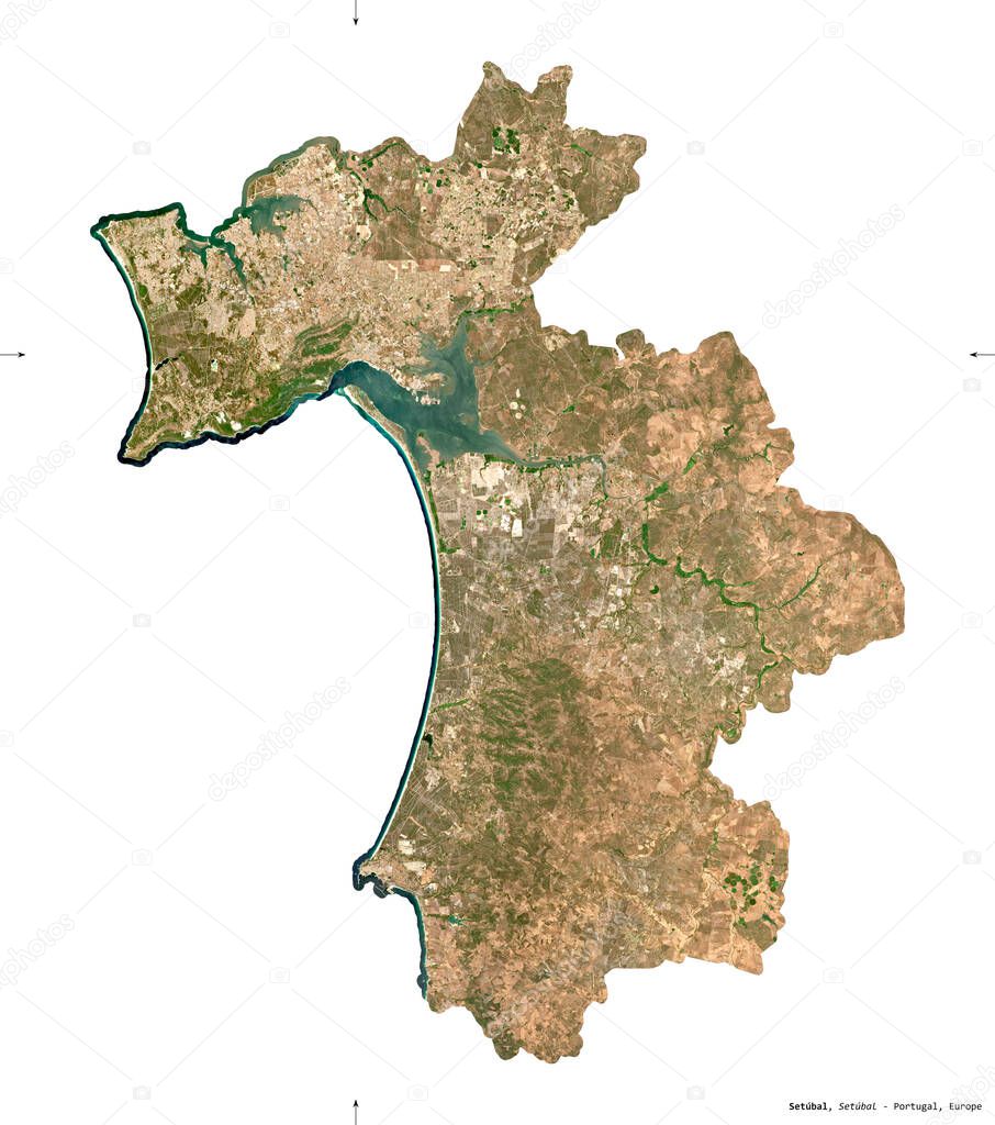 Setubal, district of Portugal. Sentinel-2 satellite imagery. Shape isolated on white. Description, location of the capital. Contains modified Copernicus Sentinel data