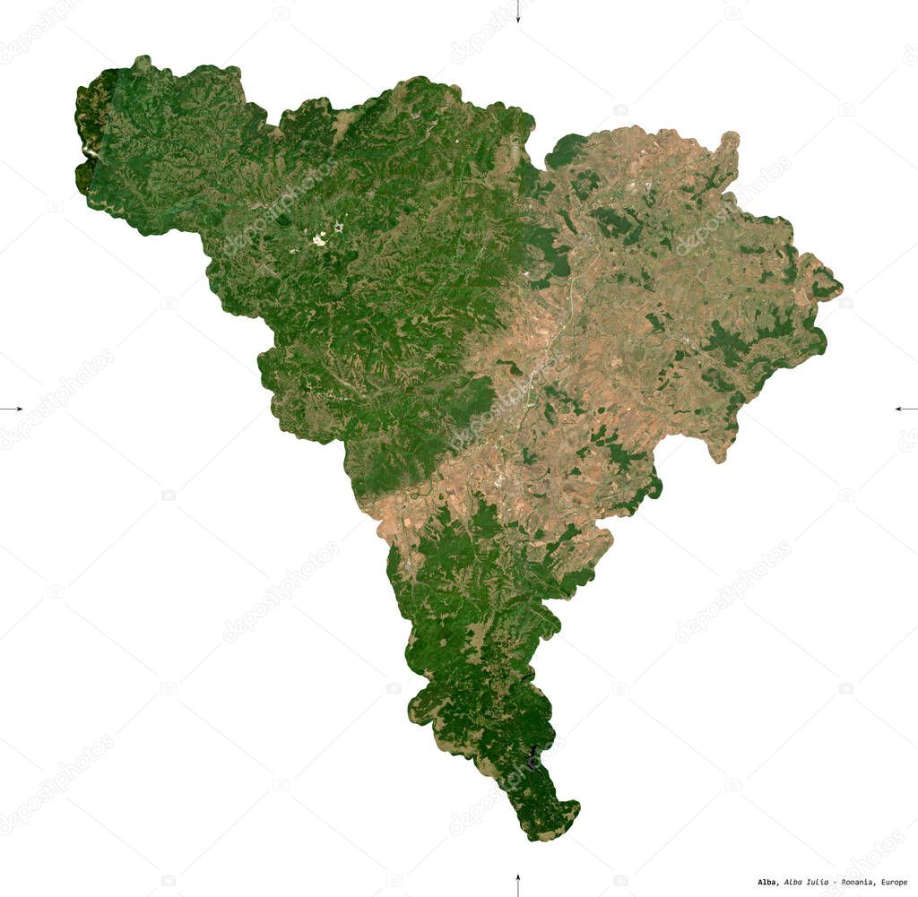 Alba, county of Romania. Sentinel-2 satellite imagery. Shape isolated on white. Description, location of the capital. Contains modified Copernicus Sentinel data