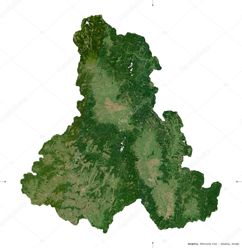 Harghita, county of Romania. Sentinel-2 satellite imagery. Shape isolated on white. Description, location of the capital. Contains modified Copernicus Sentinel data