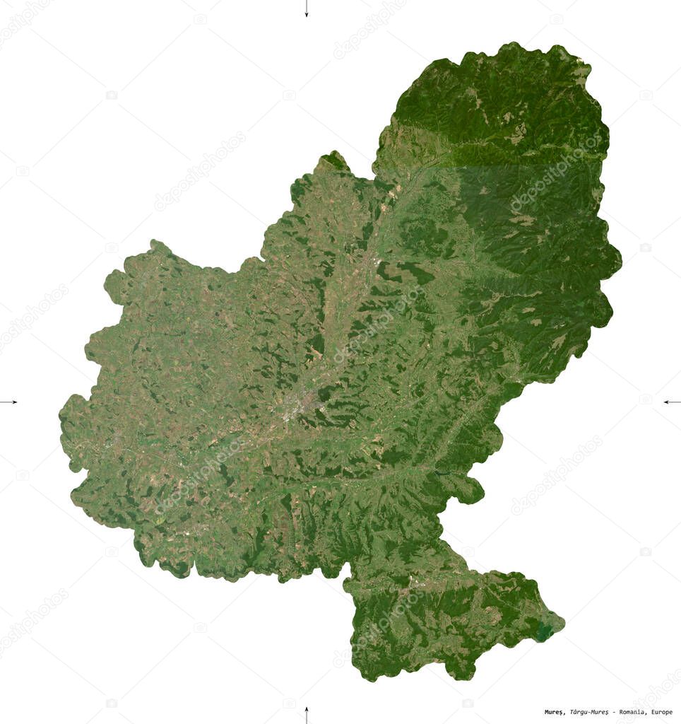 Mures, county of Romania. Sentinel-2 satellite imagery. Shape isolated on white. Description, location of the capital. Contains modified Copernicus Sentinel data