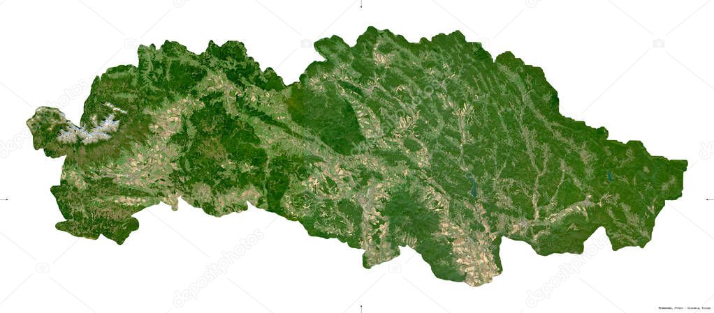 Presovsky, region of Slovakia. Sentinel-2 satellite imagery. Shape isolated on white. Description, location of the capital. Contains modified Copernicus Sentinel data