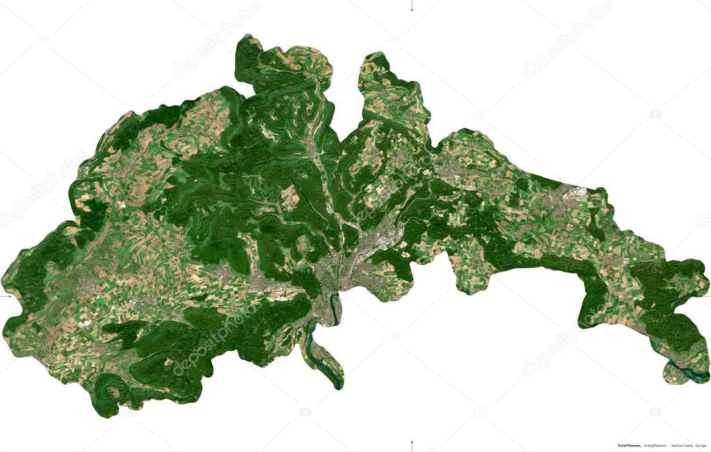 Schaffhausen, canton of Switzerland. Sentinel-2 satellite imagery. Shape isolated on white. Description, location of the capital. Contains modified Copernicus Sentinel data