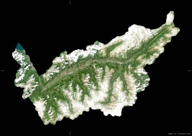 Valais, İsviçre kantonu. Sentinel-2 uydu görüntüleri. Siyah üzerine izole edilmiş şekil. Tanımı, başkentin yeri. Değiştirilmiş Kopernik Sentinel verileri içerir