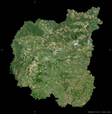 Chernihiv, Ukrayna bölgesi. Sentinel-2 uydu görüntüleri. Siyah üzerine izole edilmiş şekil. Tanımı, başkentin yeri. Değiştirilmiş Kopernik Sentinel verileri içerir