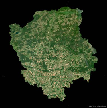 Volyn, Ukrayna bölgesi. Sentinel-2 uydu görüntüleri. Siyah üzerine izole edilmiş şekil. Tanımı, başkentin yeri. Değiştirilmiş Kopernik Sentinel verileri içerir