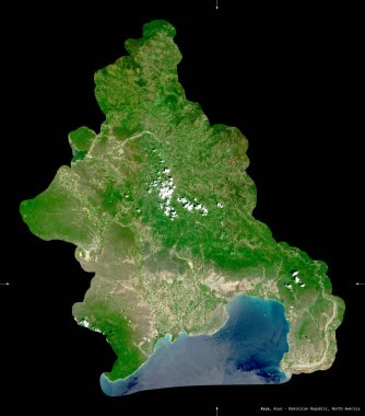Azua, Dominik Cumhuriyeti ili. Sentinel-2 uydu görüntüleri. Siyah üzerine izole edilmiş şekil. Tanımı, başkentin yeri. Değiştirilmiş Kopernik Sentinel verileri içerir