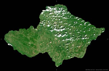 Monte Plata, Dominik Cumhuriyeti ili. Sentinel-2 uydu görüntüleri. Siyah üzerine izole edilmiş şekil. Tanımı, başkentin yeri. Değiştirilmiş Kopernik Sentinel verileri içerir