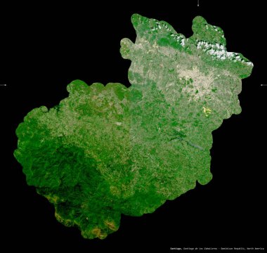 Santiago, Dominik Cumhuriyeti ili. Sentinel-2 uydu görüntüleri. Siyah üzerine izole edilmiş şekil. Tanımı, başkentin yeri. Değiştirilmiş Kopernik Sentinel verileri içerir