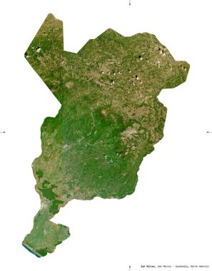 San Marcos, Guatemala Departmanı. Sentinel-2 uydu görüntüleri. Beyaz katı üzerinde izole edilmiş şekil. Tanımı, başkentin yeri. Değiştirilmiş Kopernik Sentinel verileri içerir