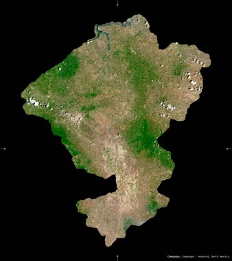 Comayagua, Honduras Departmanı. Sentinel-2 uydu görüntüleri. Siyah üzerine izole edilmiş şekil. Tanımı, başkentin yeri. Değiştirilmiş Kopernik Sentinel verileri içerir