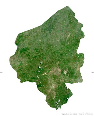 Copan, Honduras Departmanı. Sentinel-2 uydu görüntüleri. Beyaz üzerinde izole edilmiş şekil. Tanımı, başkentin yeri. Değiştirilmiş Kopernik Sentinel verileri içerir