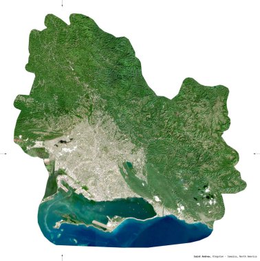 Aziz Andrew, Jamaika Kilisesi. Sentinel-2 uydu görüntüleri. Beyaz üzerinde izole edilmiş şekil. Tanımı, başkentin yeri. Değiştirilmiş Kopernik Sentinel verileri içerir