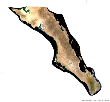 Baja California Sur, Meksika eyaleti. Sentinel-2 uydu görüntüleri. Beyaz üzerinde izole edilmiş şekil. Tanımı, başkentin yeri. Değiştirilmiş Kopernik Sentinel verileri içerir