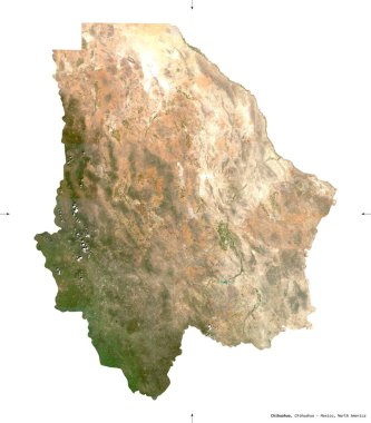 Chihuahua, Meksika eyaleti. Sentinel-2 uydu görüntüleri. Beyaz üzerinde izole edilmiş şekil. Tanımı, başkentin yeri. Değiştirilmiş Kopernik Sentinel verileri içerir