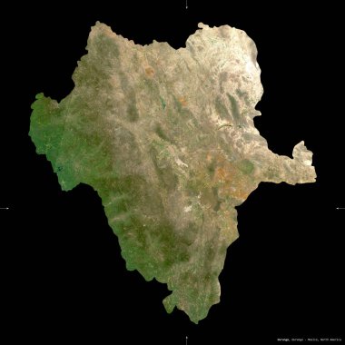 Durango, Meksika eyaleti. Sentinel-2 uydu görüntüleri. Siyah üzerine izole edilmiş şekil. Tanımı, başkentin yeri. Değiştirilmiş Kopernik Sentinel verileri içerir