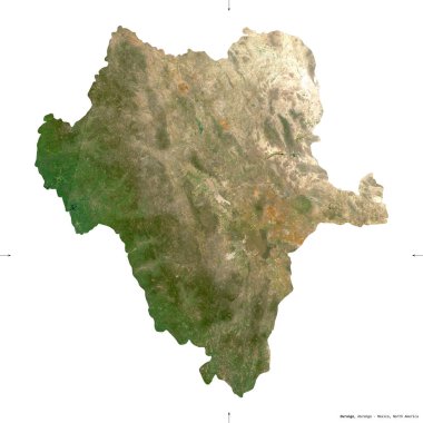 Durango, Meksika eyaleti. Sentinel-2 uydu görüntüleri. Beyaz üzerinde izole edilmiş şekil. Tanımı, başkentin yeri. Değiştirilmiş Kopernik Sentinel verileri içerir