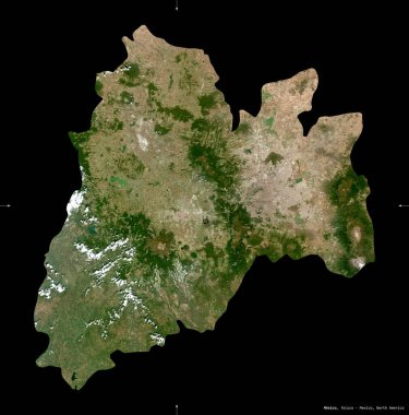 Meksika, Meksika eyaleti. Sentinel-2 uydu görüntüleri. Siyah üzerine izole edilmiş şekil. Tanımı, başkentin yeri. Değiştirilmiş Kopernik Sentinel verileri içerir