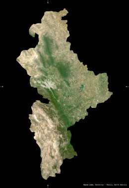 Nuevo Leon, Meksika Eyaleti. Sentinel-2 uydu görüntüleri. Siyah üzerine izole edilmiş şekil. Tanımı, başkentin yeri. Değiştirilmiş Kopernik Sentinel verileri içerir