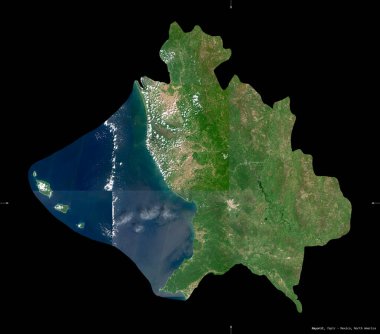 Nayarit, Meksika Eyaleti. Sentinel-2 uydu görüntüleri. Siyah üzerine izole edilmiş şekil. Tanımı, başkentin yeri. Değiştirilmiş Kopernik Sentinel verileri içerir