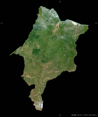 Maranhao, Brezilya eyaleti. Sentinel-2 uydu görüntüleri. Siyah üzerine izole edilmiş şekil. Tanımı, başkentin yeri. Değiştirilmiş Kopernik Sentinel verileri içerir