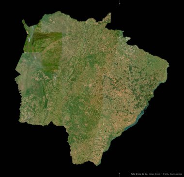 Mato Grosso do Sul, Brezilya eyaleti. Sentinel-2 uydu görüntüleri. Siyah üzerine izole edilmiş şekil. Tanımı, başkentin yeri. Değiştirilmiş Kopernik Sentinel verileri içerir