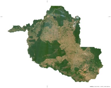 Rondonia, Brezilya eyaleti. Sentinel-2 uydu görüntüleri. Beyaz katı üzerinde izole edilmiş şekil. Tanımı, başkentin yeri. Değiştirilmiş Kopernik Sentinel verileri içerir