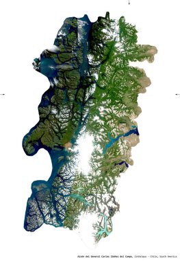 Aisen del General Carlos Ibanez del Campo, Şili bölgesi. Sentinel-2 uydu görüntüleri. Beyaz katı üzerinde izole edilmiş şekil. Tanımı, başkentin yeri. Değiştirilmiş Kopernik Sentinel verileri içerir