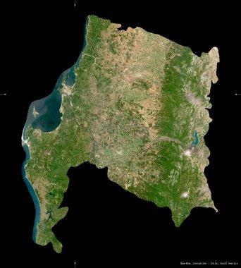 Bio-Biyoloji, Şili bölgesi. Sentinel-2 uydu görüntüleri. Siyah üzerine izole edilmiş şekil. Tanımı, başkentin yeri. Değiştirilmiş Kopernik Sentinel verileri içerir