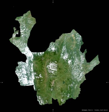 Antioquia, Kolombiya Bölümü. Sentinel-2 uydu görüntüleri. Siyah üzerine izole edilmiş şekil. Tanımı, başkentin yeri. Değiştirilmiş Kopernik Sentinel verileri içerir