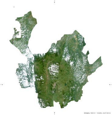 Antioquia, Kolombiya Bölümü. Sentinel-2 uydu görüntüleri. Beyaz katı üzerinde izole edilmiş şekil. Tanımı, başkentin yeri. Değiştirilmiş Kopernik Sentinel verileri içerir