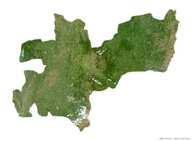 Caldas, Kolombiya Departmanı. Sentinel-2 uydu görüntüleri. Beyaz katı üzerinde izole edilmiş şekil. Tanımı, başkentin yeri. Değiştirilmiş Kopernik Sentinel verileri içerir