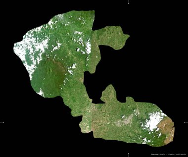 Risaralda, Kolombiya Departmanı. Sentinel-2 uydu görüntüleri. Siyah üzerine izole edilmiş şekil. Tanımı, başkentin yeri. Değiştirilmiş Kopernik Sentinel verileri içerir