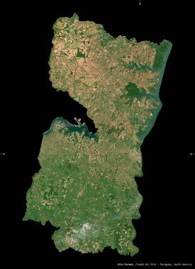 Alto Parana, Paraguay Bölümü. Sentinel-2 uydu görüntüleri. Siyah üzerine izole edilmiş şekil. Tanımı, başkentin yeri. Değiştirilmiş Kopernik Sentinel verileri içerir