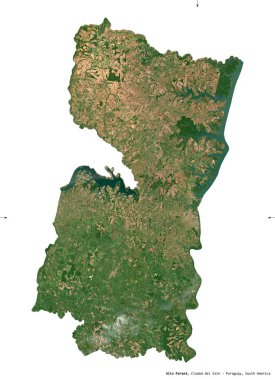 Alto Parana, Paraguay Bölümü. Sentinel-2 uydu görüntüleri. Beyaz üzerinde izole edilmiş şekil. Tanımı, başkentin yeri. Değiştirilmiş Kopernik Sentinel verileri içerir