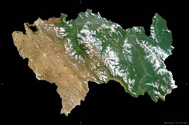 Junin, Peru bölgesi. Sentinel-2 uydu görüntüleri. Siyah üzerine izole edilmiş şekil. Tanımı, başkentin yeri. Değiştirilmiş Kopernik Sentinel verileri içerir