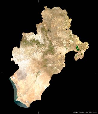 Moquegua, Peru bölgesi. Sentinel-2 uydu görüntüleri. Siyah üzerine izole edilmiş şekil. Tanımı, başkentin yeri. Değiştirilmiş Kopernik Sentinel verileri içerir