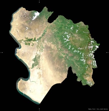 Piura, Peru bölgesi. Sentinel-2 uydu görüntüleri. Siyah üzerine izole edilmiş şekil. Tanımı, başkentin yeri. Değiştirilmiş Kopernik Sentinel verileri içerir